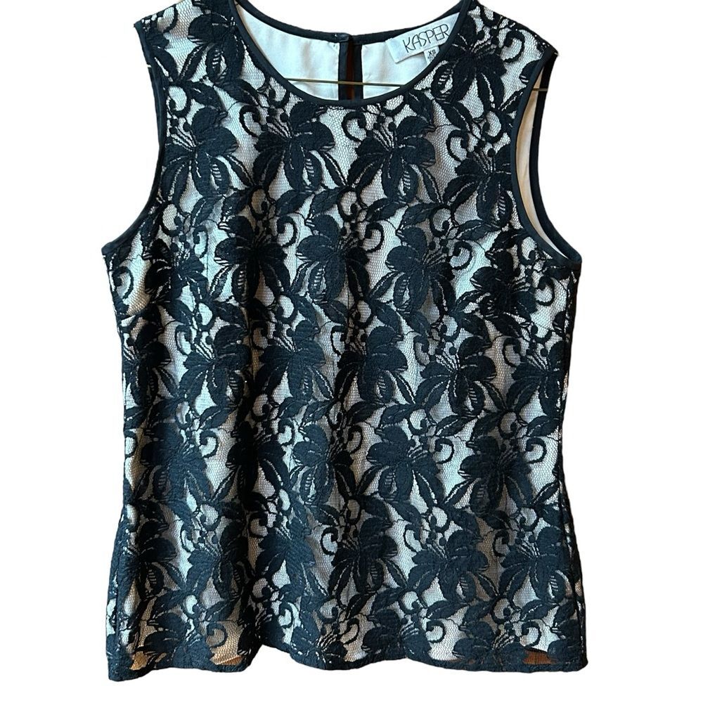 Kasper Black Cream Lace Sleeveless Top XS
